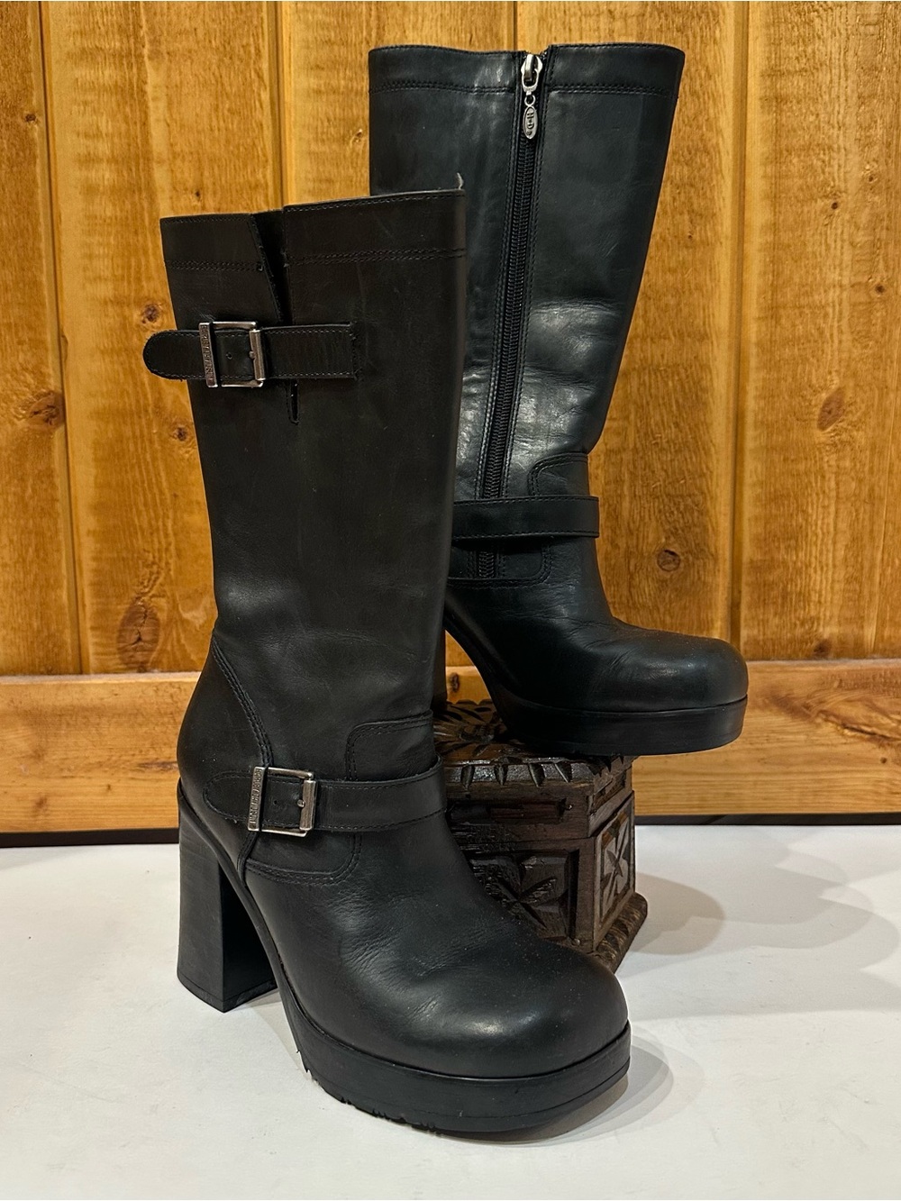 Vintage HARLEY DAVIDSON Womens 5 Leather Boots Soho Hi Buckle Chunky 81188